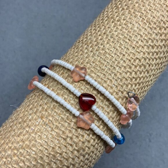 Memory Wire Bracelet 7 In White Seed Bead Multicolor Heart Star Retro Vintage - Picture 3 of 4